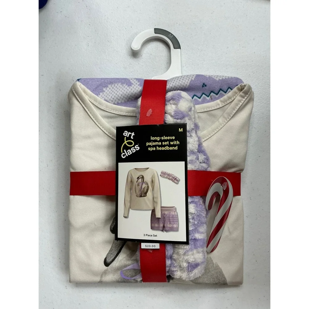 Art‎ Class Girls Pajama Set 3pc Long Sleeve Shirt Shorts Spa Headband Swan  M